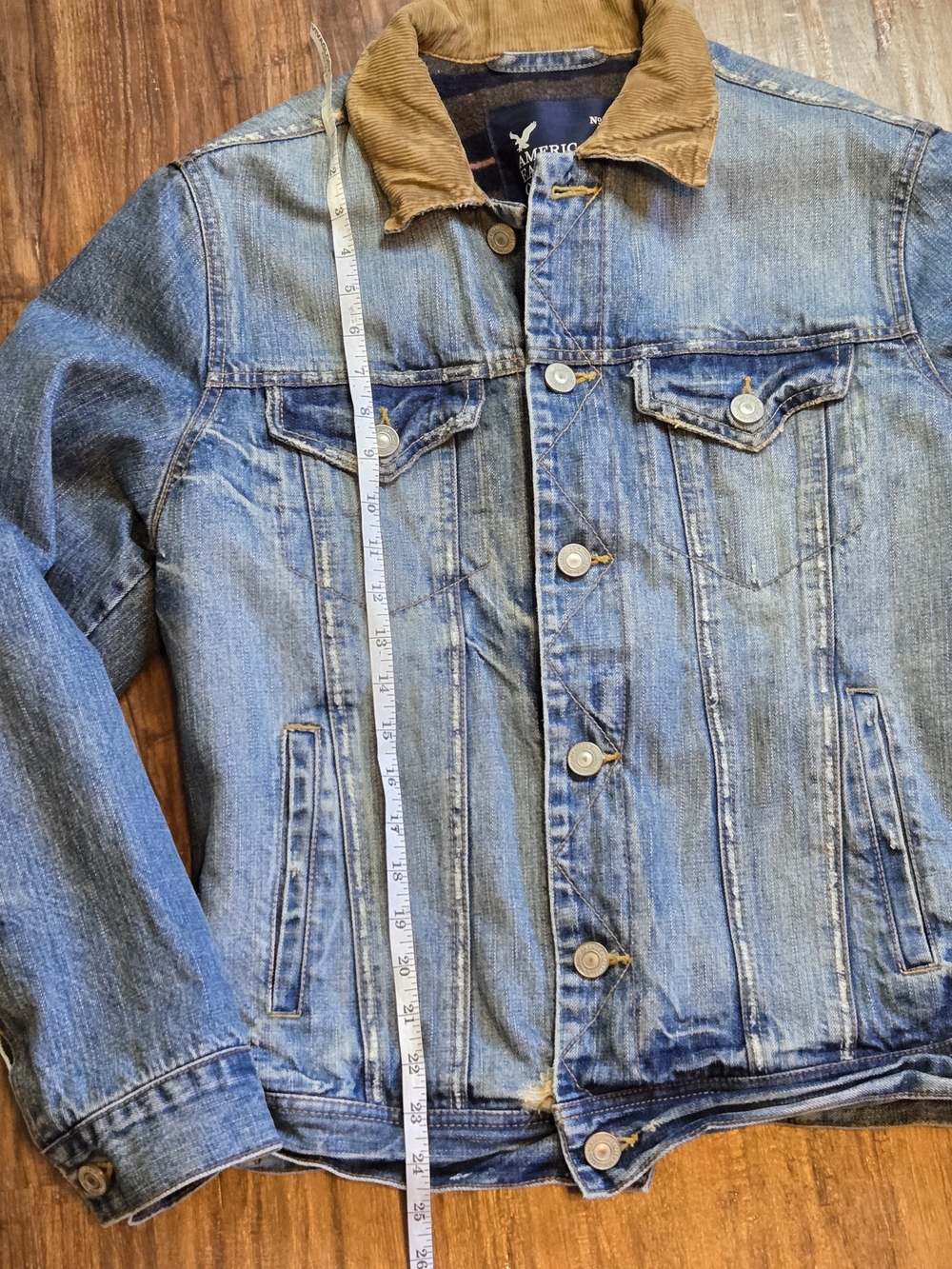 American Eagle Outfitters Blue Denim Jacket with Brown Corduroy Collar - Picture 3 of 16